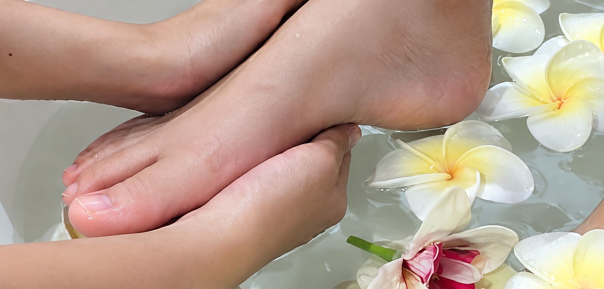 Twee voeten in een voetenbad met drijvende frangipanibloemen